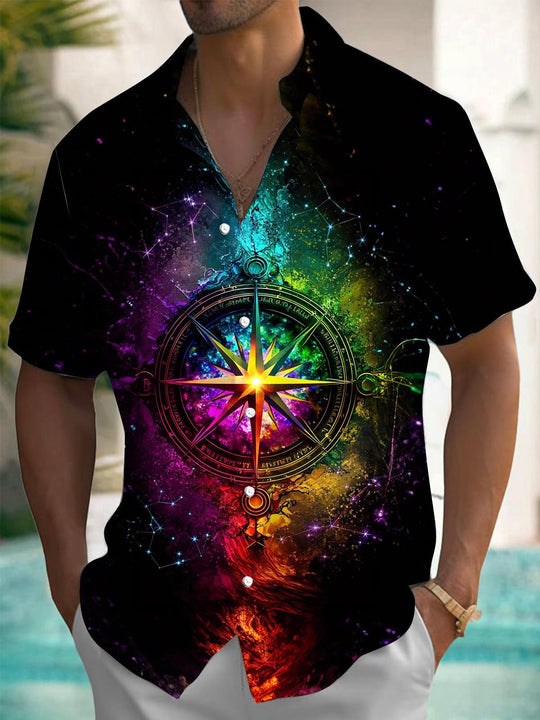 Men's compass print pocket short sleeve shirt front view