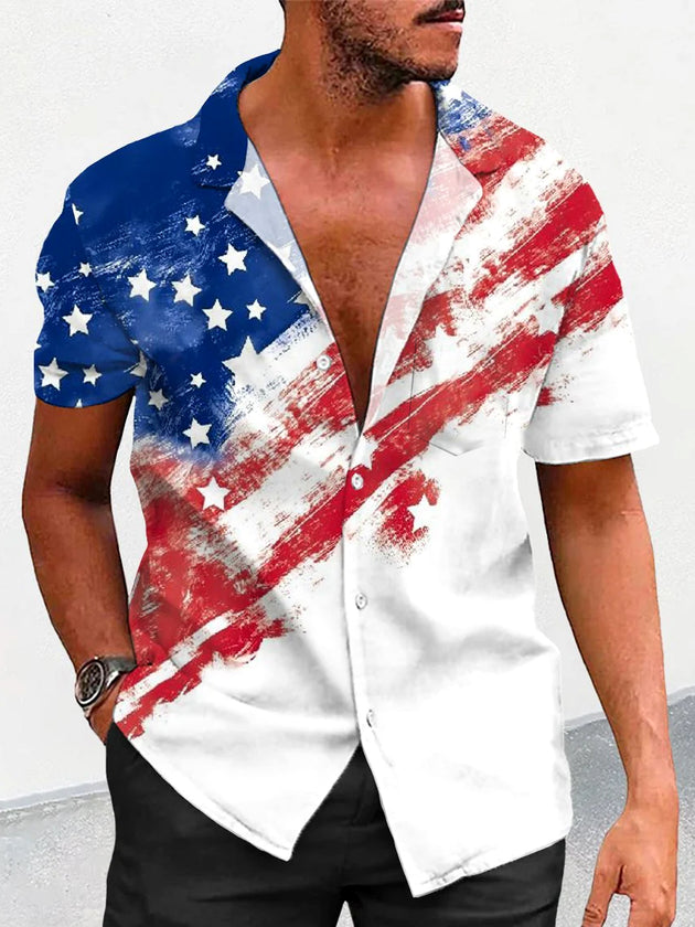 Men's American flag print short sleeve Cuban collar shirt front view for Independence Day