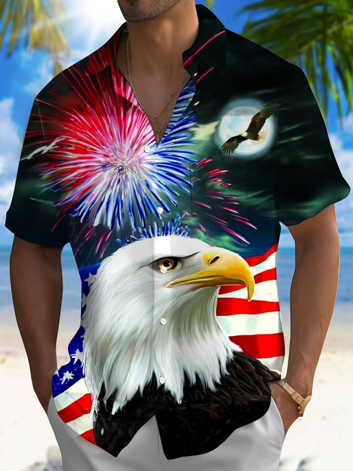 American Flag Eagle Firework Short Sleeve Men's Shirts With Pocket