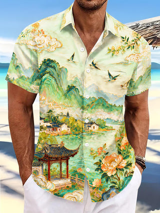 Art Green Gilded Landscape Pavilion Men's Pocket Short Sleeve Shirts