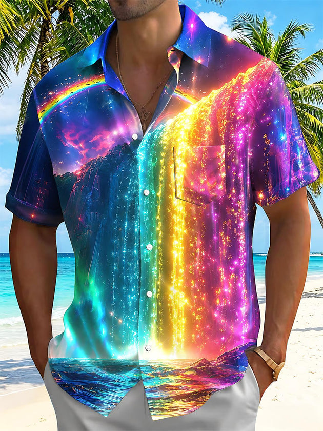 Neon Colorful Waterfall Men's Pocket Short Sleeve Shirts