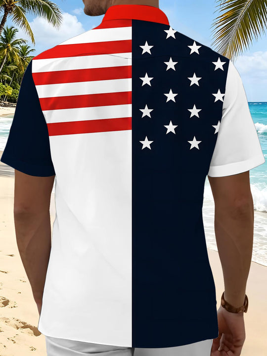American Stars And Stripes Splicing Independence Day Men's Pocket Short Sleeve Shirts