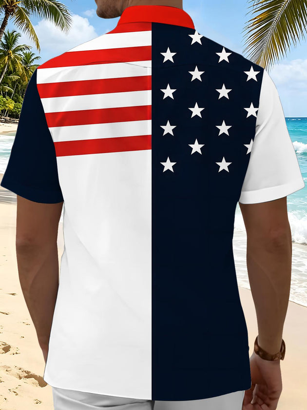 American Stars And Stripes Splicing Independence Day Men's Pocket Short Sleeve Shirts