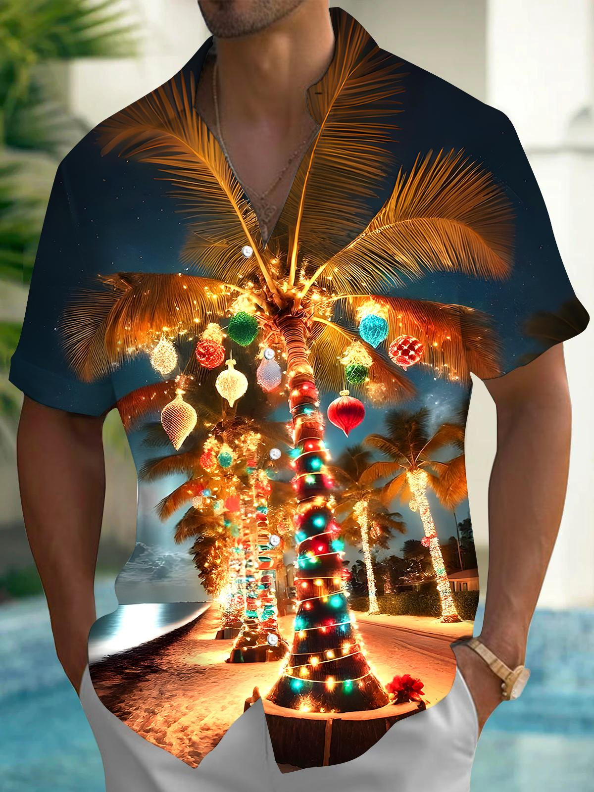 Christmas Coconut Tree Men's Pocket Short Sleeve Shirts