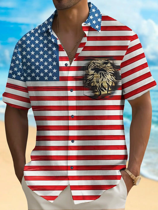 Men's animal print American flag short sleeve shirt front view for Independence Day