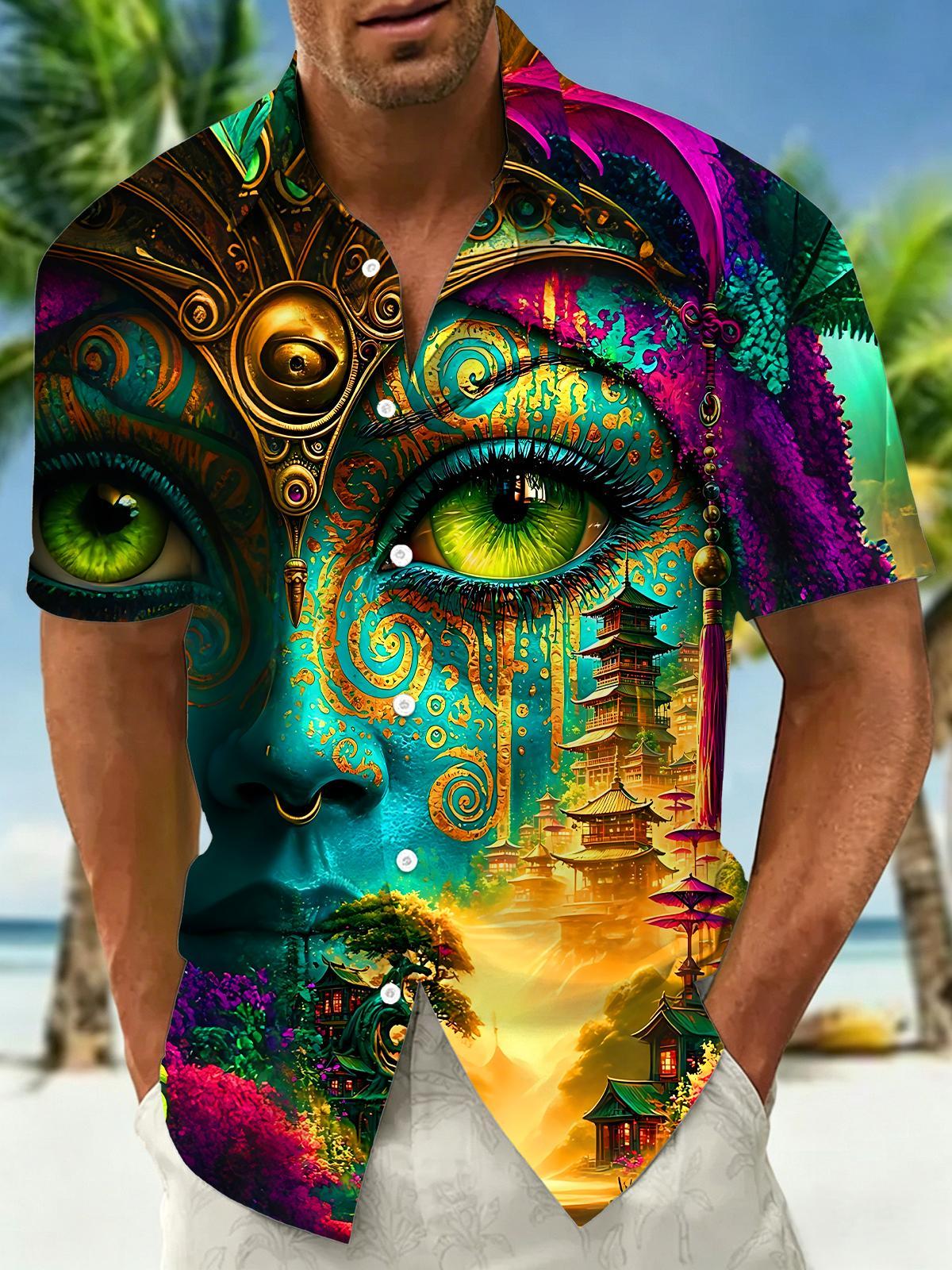 Dark Mysterious Exotic Gilded Human Face Pagoda Fantasy Art Men's Pocket Short Sleeve Shirts