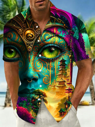 Adaychic Men's Graphic 3D Psychedelic Face Pagoda Print Short Sleeve Button Down Shirt with Chest Pocket