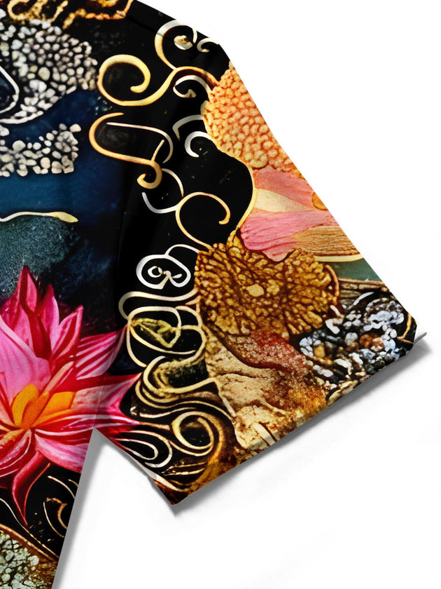 Men's floral short sleeve shirt close-up detail