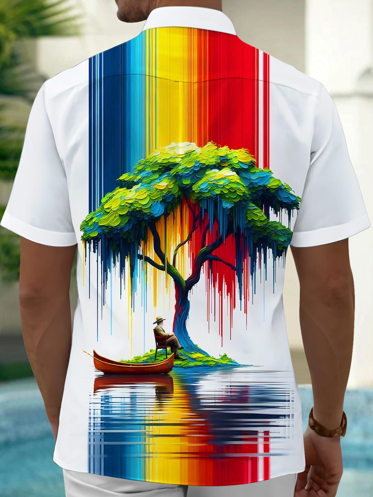 Art Tie Dye Flowing Colorful Tree Boat Men's Pocket Short Sleeve Shirts