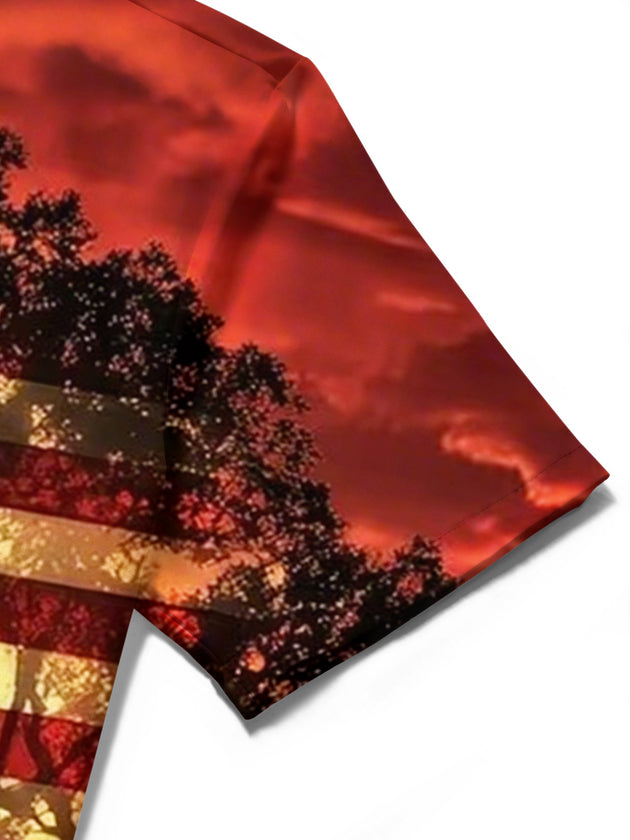 Men's American flag tree print short sleeve shirt close-up stitching detail
