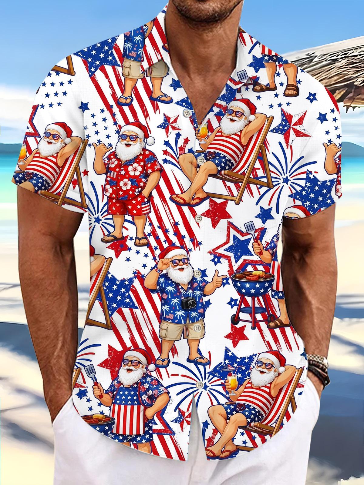 Independence Day American Flag Santa Claus Print Men's Pocket Short Sleeve Shirts