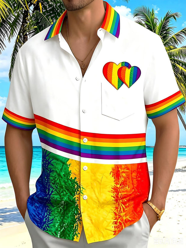 Pride Month Colorful Love Heart Men's Pocket Short Sleeve Shirts