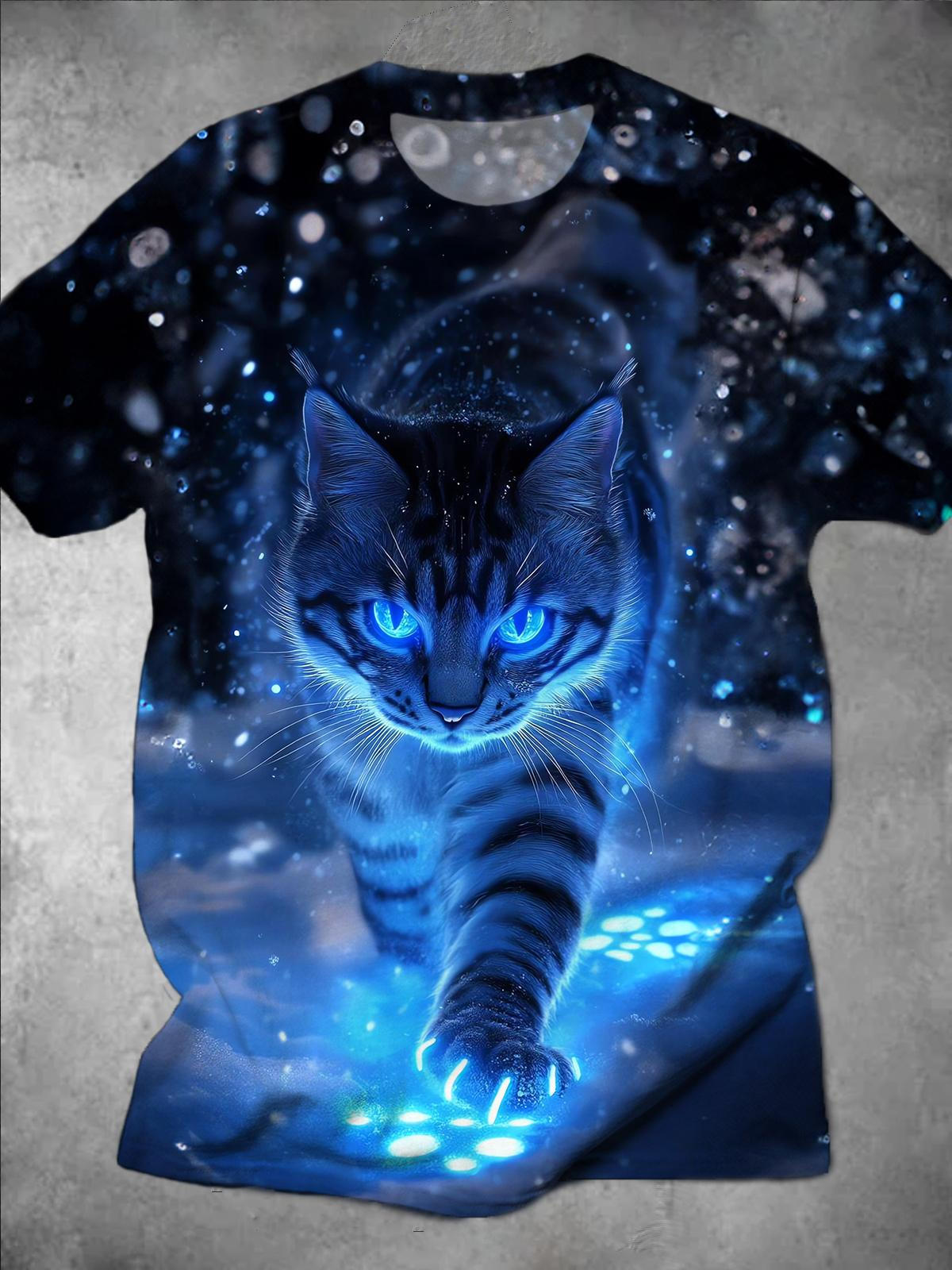 Cat Print Round Neck Short Sleeve Men's T-shirt