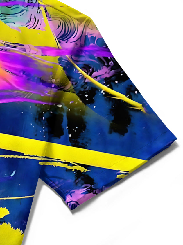 Men's abstract print short sleeve shirt close-up detail view