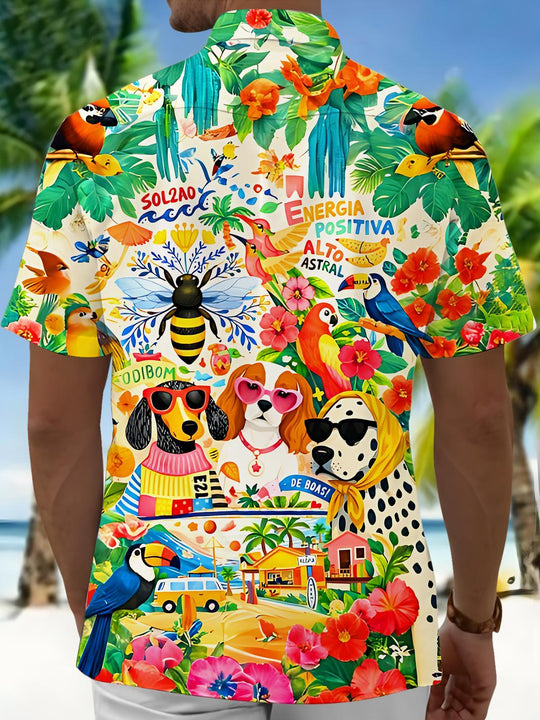 Hawaiian Fun Animal Dog Parrot Bee Flower Leaf Men's Pocket Short Sleeve Shirts