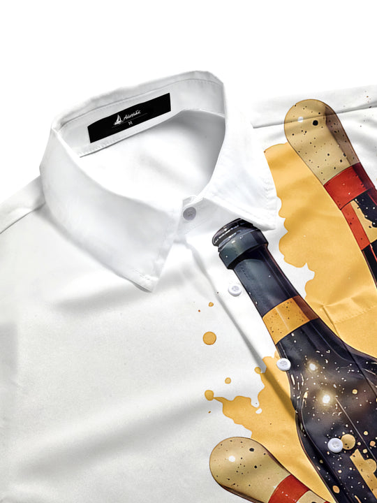 Men's side view short sleeve shirt with bowling print and athletic style
