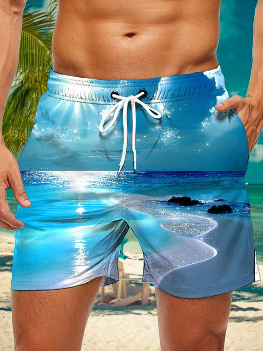 Men's coastal landscape print casual shorts front view for beach vacation