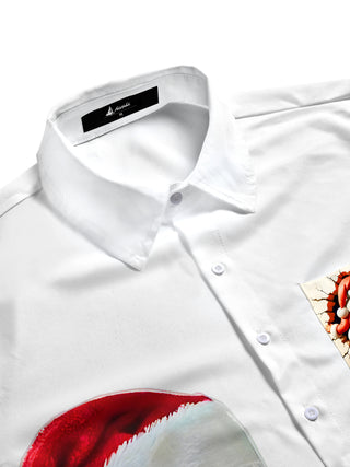 Men's festive short sleeve Cuban collar shirt, side view, featuring a playful Santa Claus print for holiday parties.
