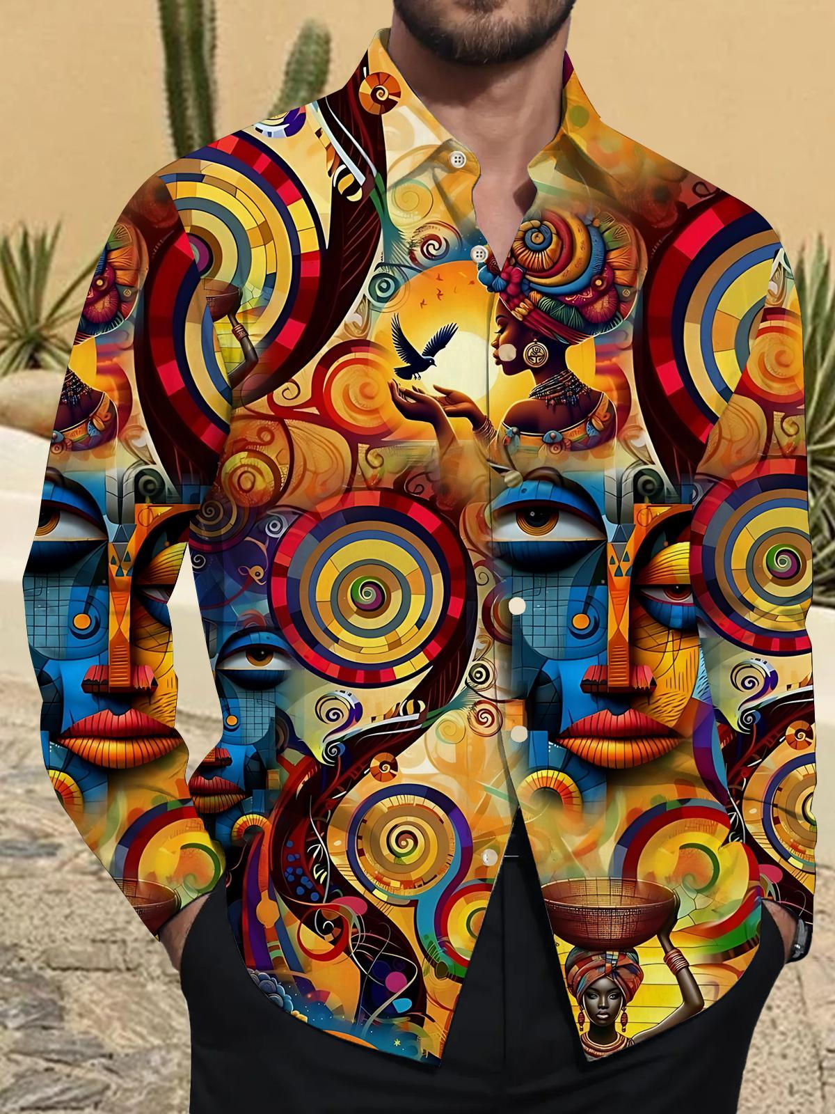 Vintage Art Print Men's Pocket Long Sleeve Shirts