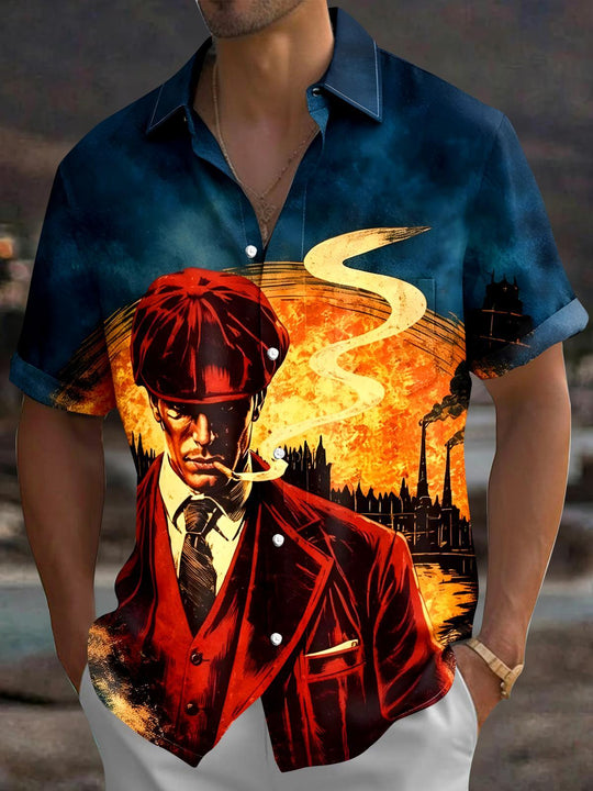 Men's art oil painting pocket short sleeve shirt front view