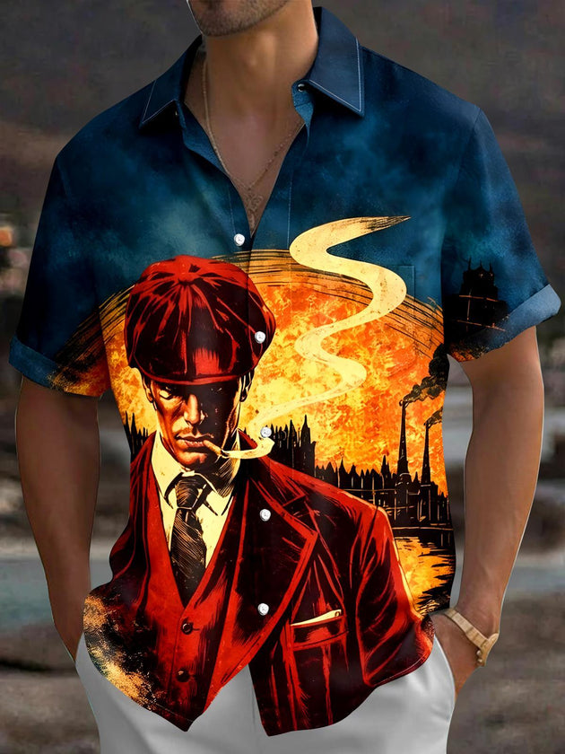 Men's art oil painting pocket short sleeve shirt front view