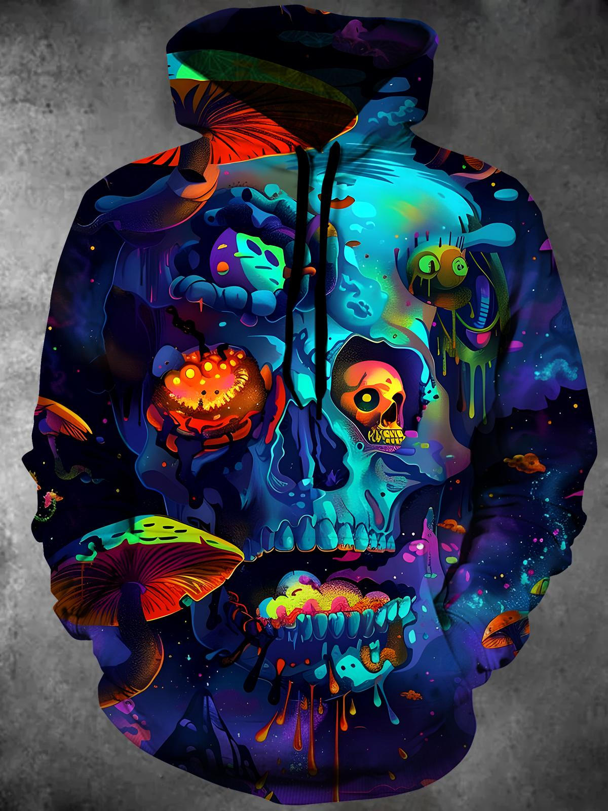 Skull Mushroom Long Sleeve Hooded Pocket Men's Top