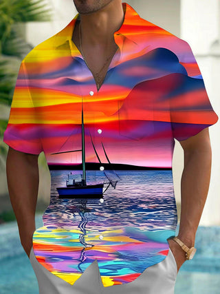 Men's Hawaiian print short sleeve pocket shirt front view tropical beach vacation