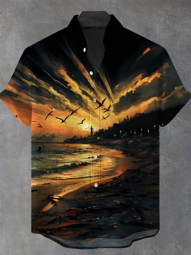 Men's blue beach sunset landscape short sleeve stand collar shirt front view for beach vacation