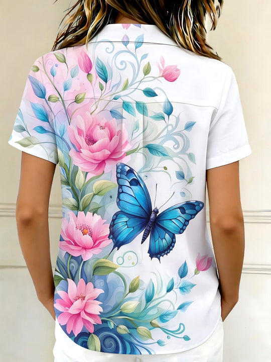 Blue Butterfly Watercolor Floral Women's Short Sleeve Shirts