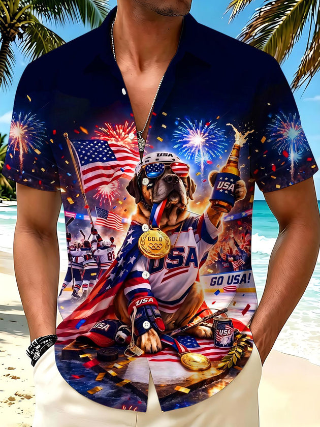 USA Team Victory Bulldog Independence Day Men's Pocket Short Sleeve Shirts