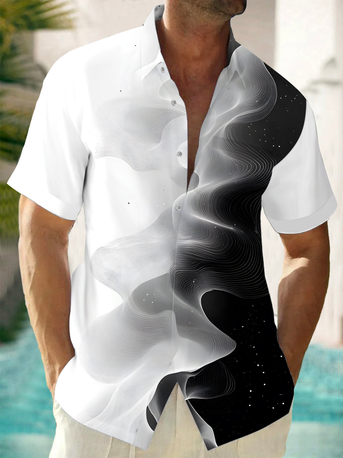 Gradient Line Print Men's Pocket Short Sleeve Shirts