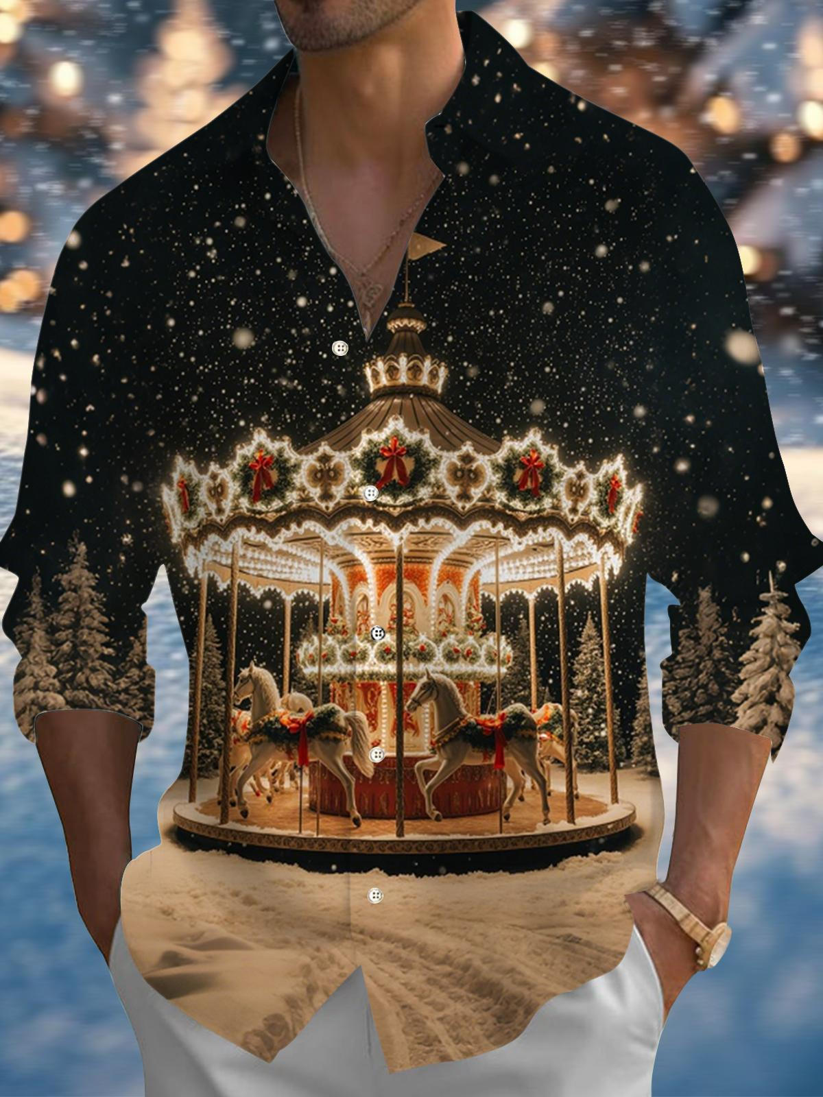 Carousel Print Men's Pocket Long Sleeve Shirts