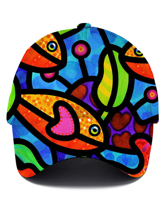 Men's abstract fish print baseball cap front view