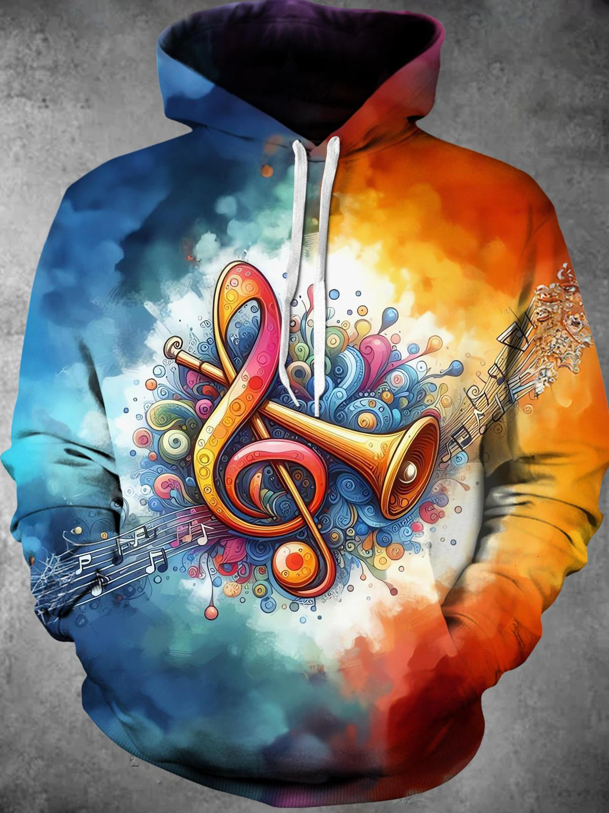 Music Note Tie Dye Long Sleeve Hooded Pocket Men's Top