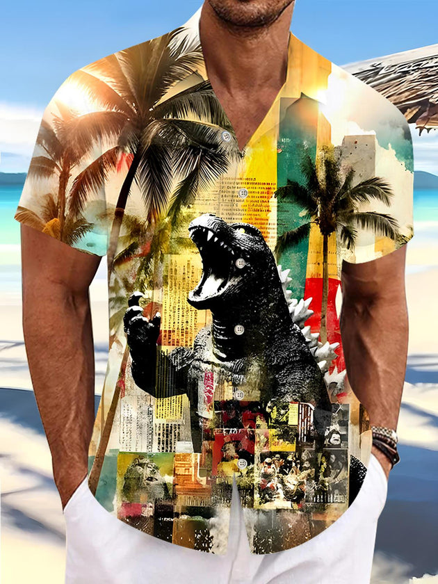 Men's Hawaiian coconut tree dinosaur short sleeve shirt front view for tropical beach vacation
