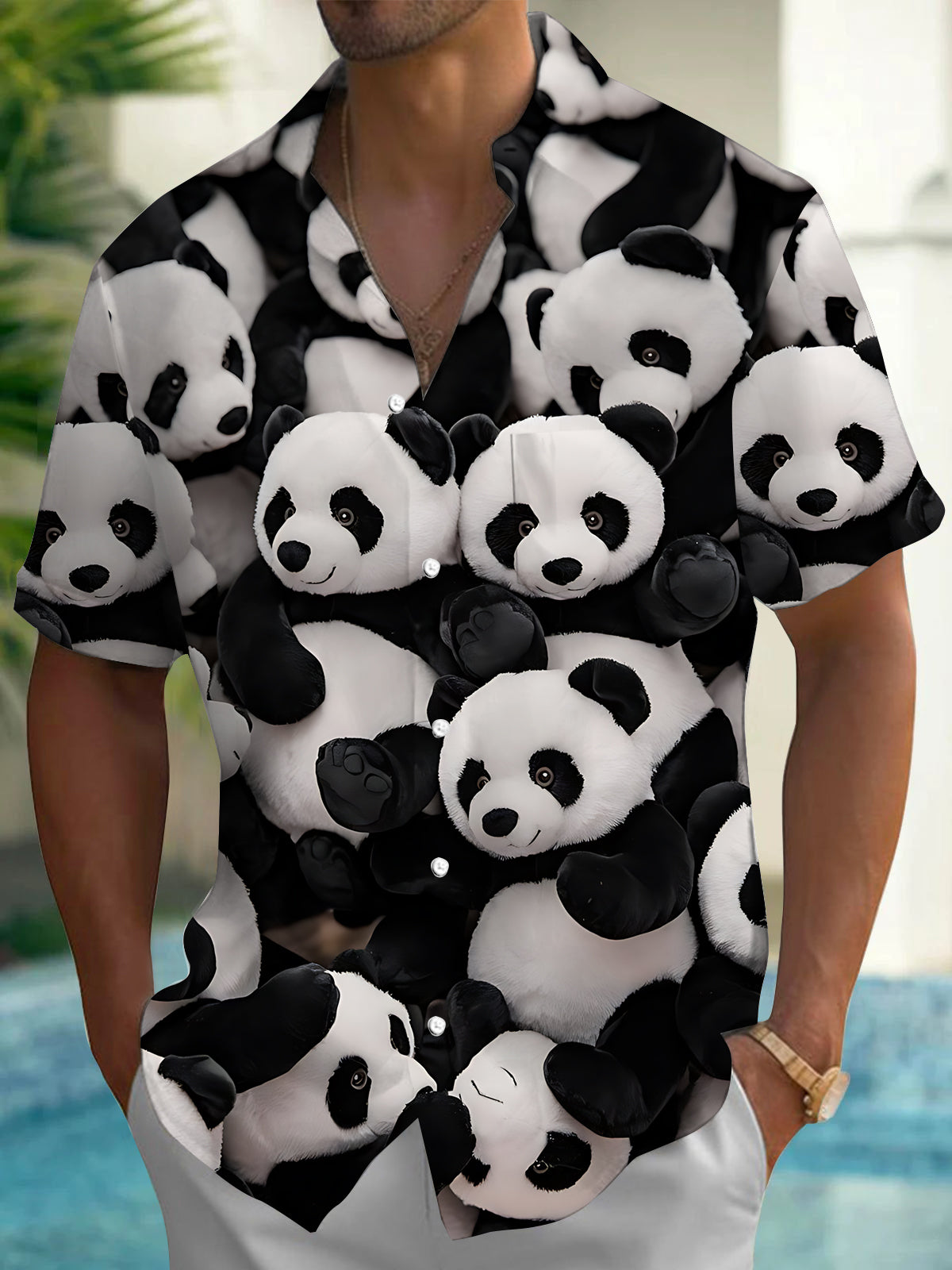 Panda Print Men's Pocket Short Sleeve Shirts
