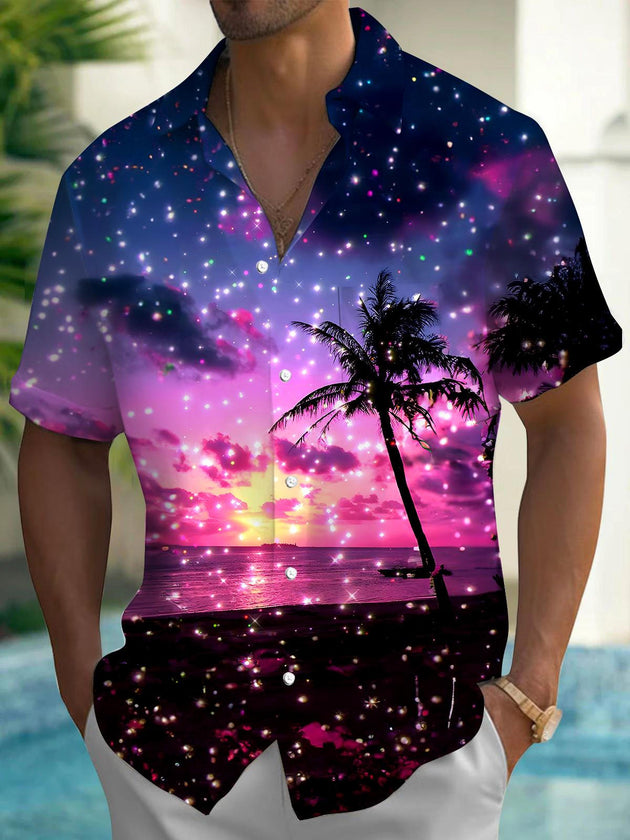 Men's tropical patterned short sleeve shirt front view for beach vacation