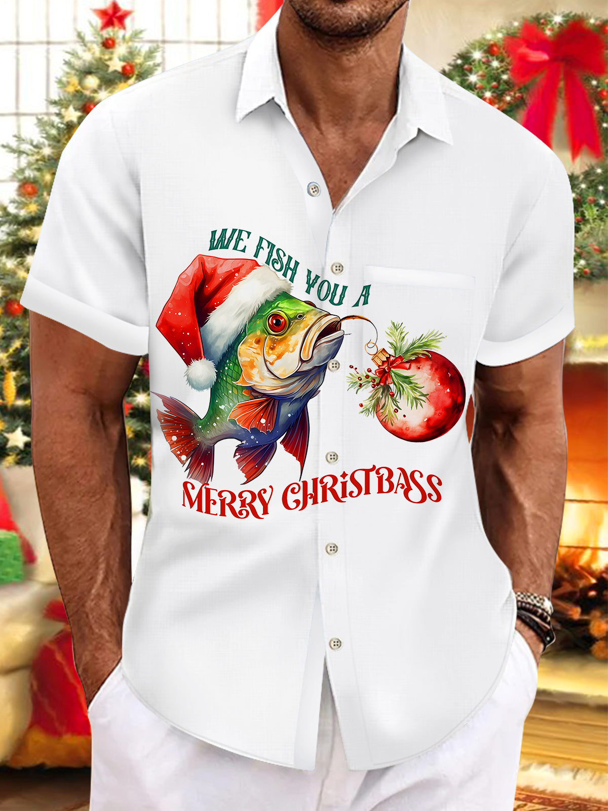 Fun Christmas Fish Light Ball Xmas Men's Pocket Short Sleeve Shirts
