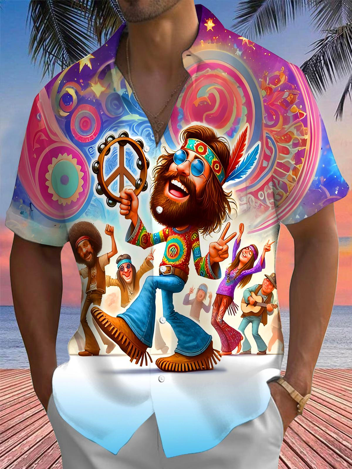 Music Carnival Peace Sign Men's Pocket Short Sleeve Shirts