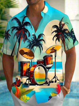 Men's Hawaiian coconut tree drum set music print pocket short sleeve shirt back view