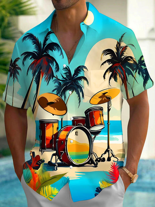 Men's Hawaiian coconut tree drum set music print pocket short sleeve shirt back view