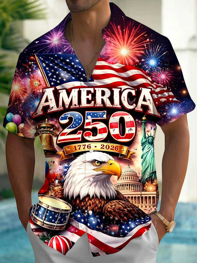 Men's red American flag print short sleeve shirt front view for Independence Day