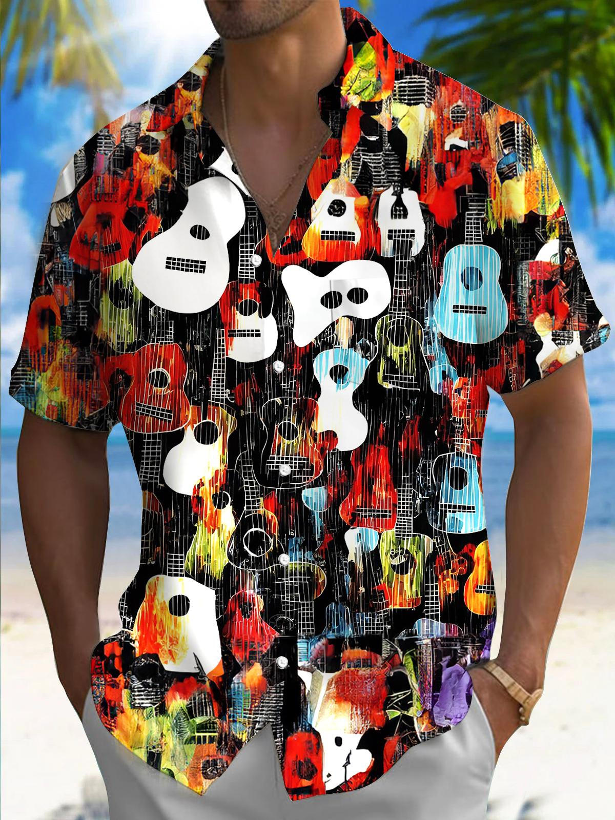 Music Guitar Print Men's Pocket Short Sleeve Shirts