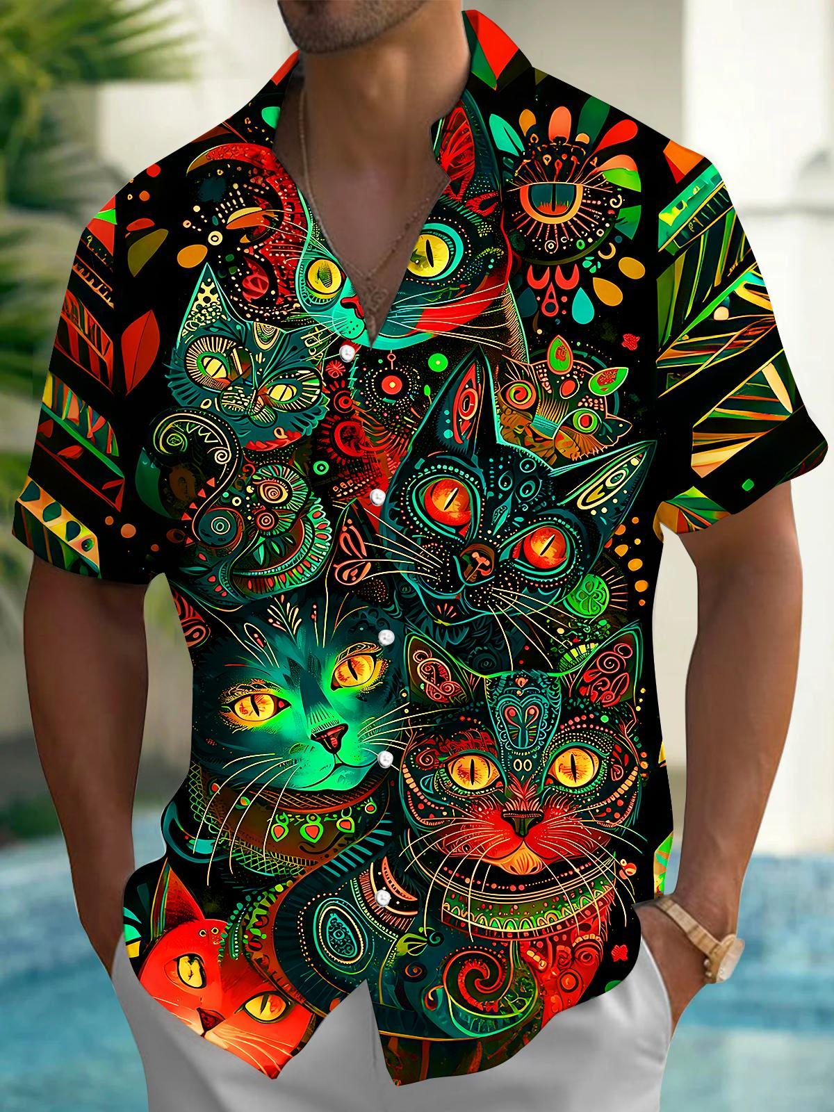 Ethnic Colorful Cat Art Graffiti Men's Pocket Short Sleeve Shirts