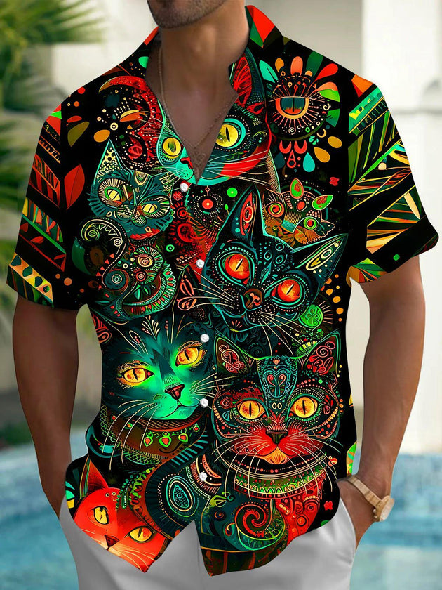 Ethnic Colorful Cat Art Graffiti Men's Pocket Short Sleeve Shirts