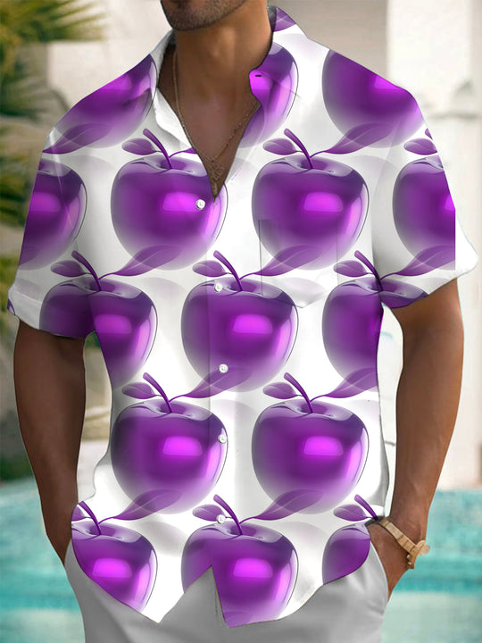 Men's short sleeve shirt with apple print, front view