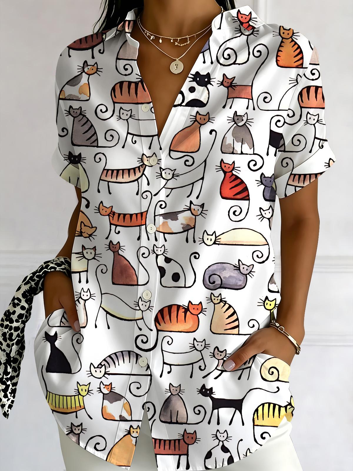 Animal Cat Print Women's Short Sleeve Shirts