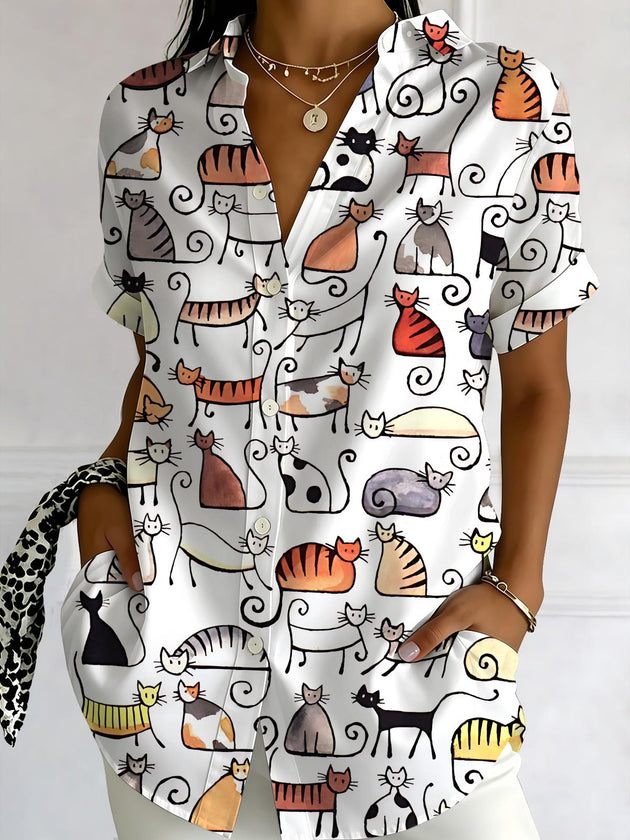 Animal Cat Print Women's Short Sleeve Shirts
