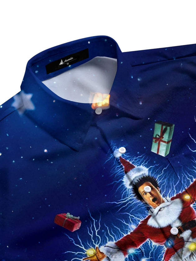 Men's red Christmas tree print short sleeve shirt side view