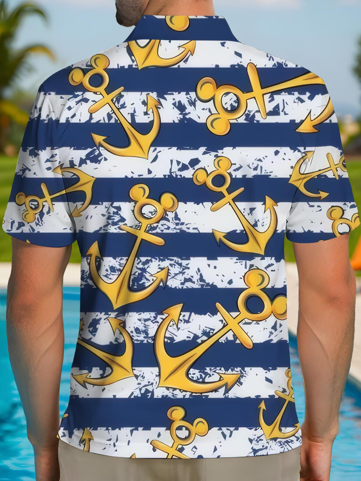 Anchor Stripe Print Men's Short Sleeve Button Polo Shirt